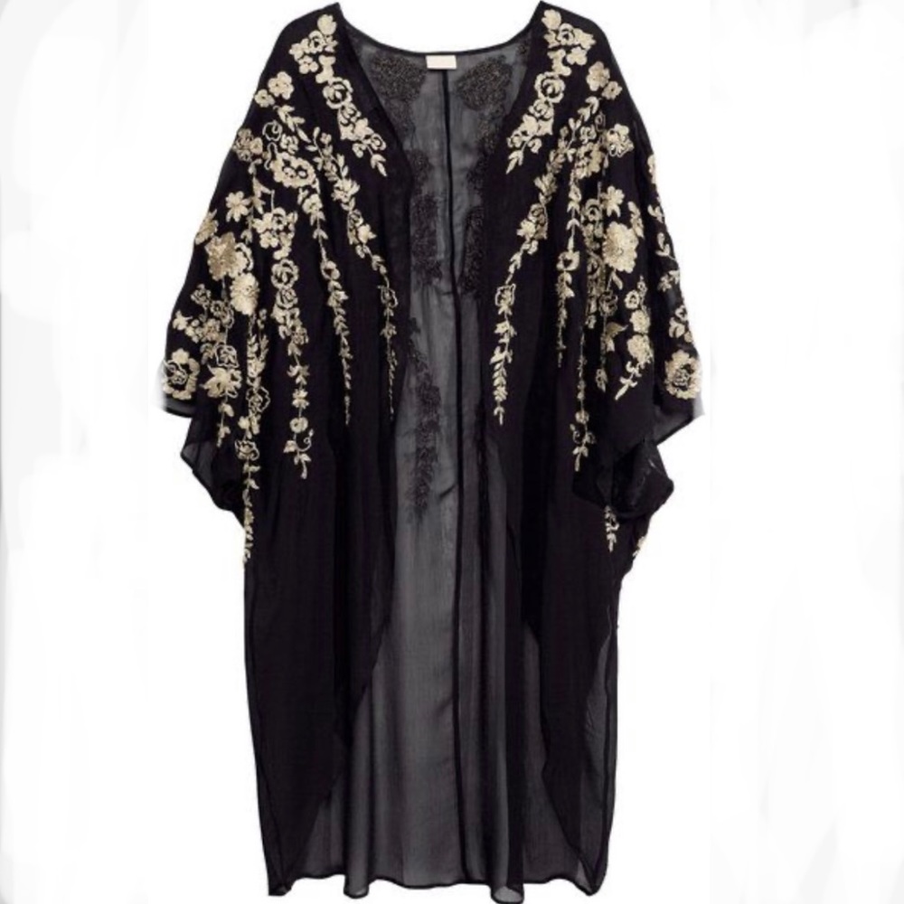 H&M Black Sheer Golden Floral Embroidered Detail Kimono Wrap Jacket Duster 8 M